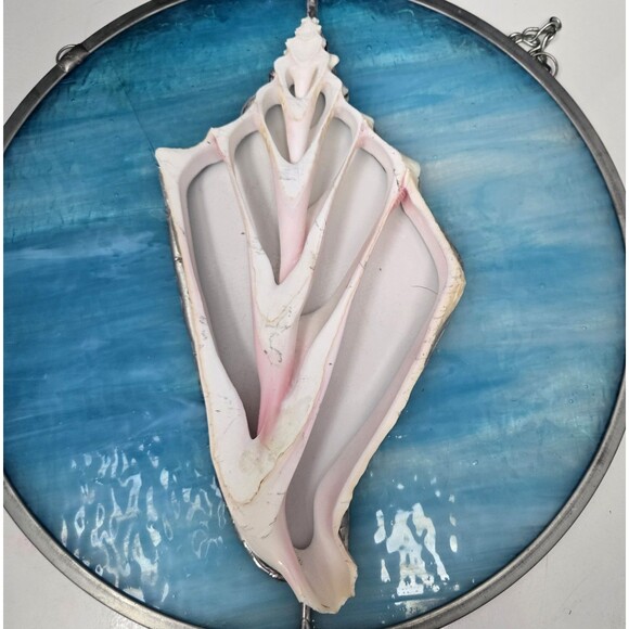 Vintage Stained Glass With Conch Shell Cutout 3D Hanging Hand Crafted Art 11.5" - Picture 9 of 15